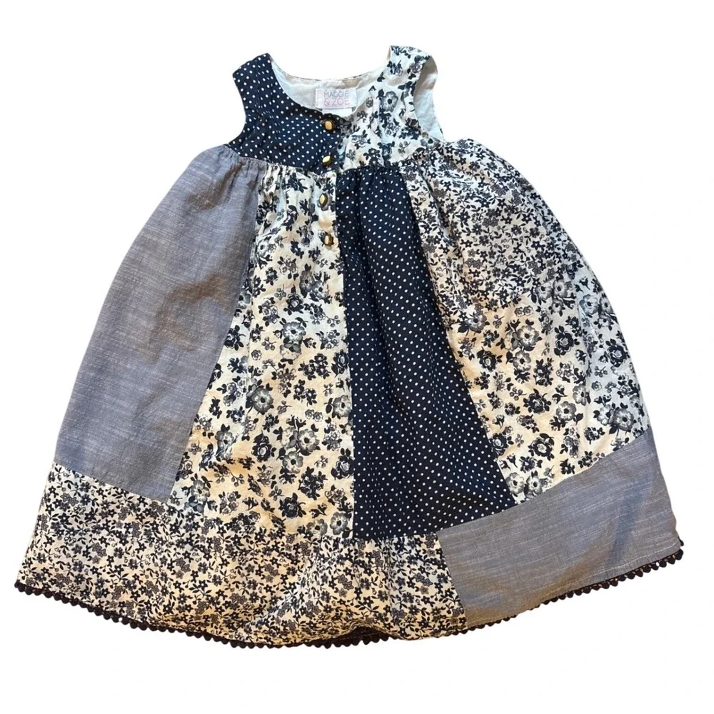 Maggie & Zoe Patchwork Dress‎ Kids Blue Excellent Floral Polka Dot SIZE 4T